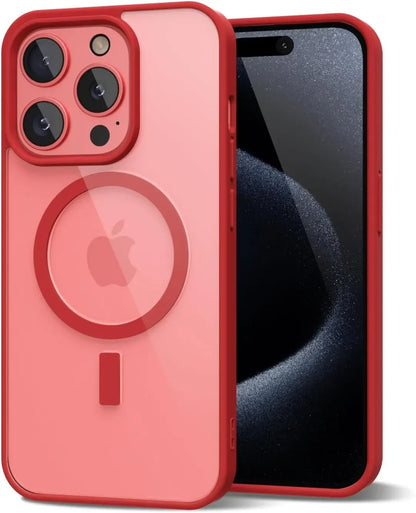 Coque rouge transparente pour iPhone avec fonctionnalité MagSafe et triple caméra
