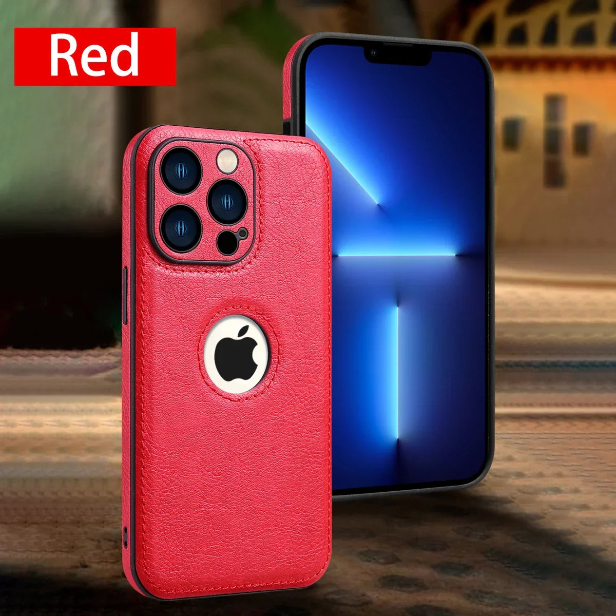 Coque rouge en cuir pour iPhone avec découpe logo Apple et triple caméra