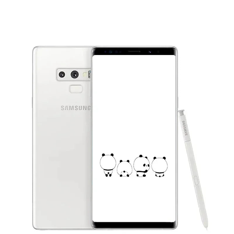 Smartphone Samsung blanc avec écran affichant quatre pandas minimalistes et stylet Samsung posé à côté