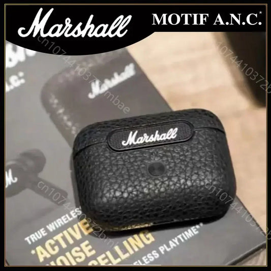 Boîtier noir en cuir texturé pour écouteurs sans fil Marshall Motif A.N.C avec logo blanc