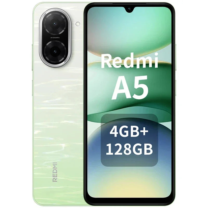 Smartphone Redmi A5 vert avec écran et double caméra arrière 4GB RAM 128GB stockage