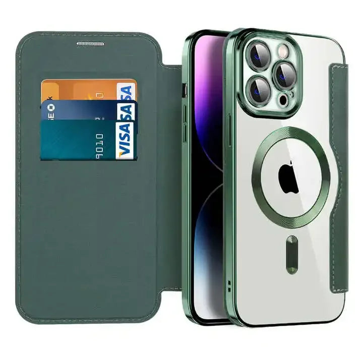Coque de téléphone verte avec porte-cartes intégrée et protection pour iPhone à triple caméra