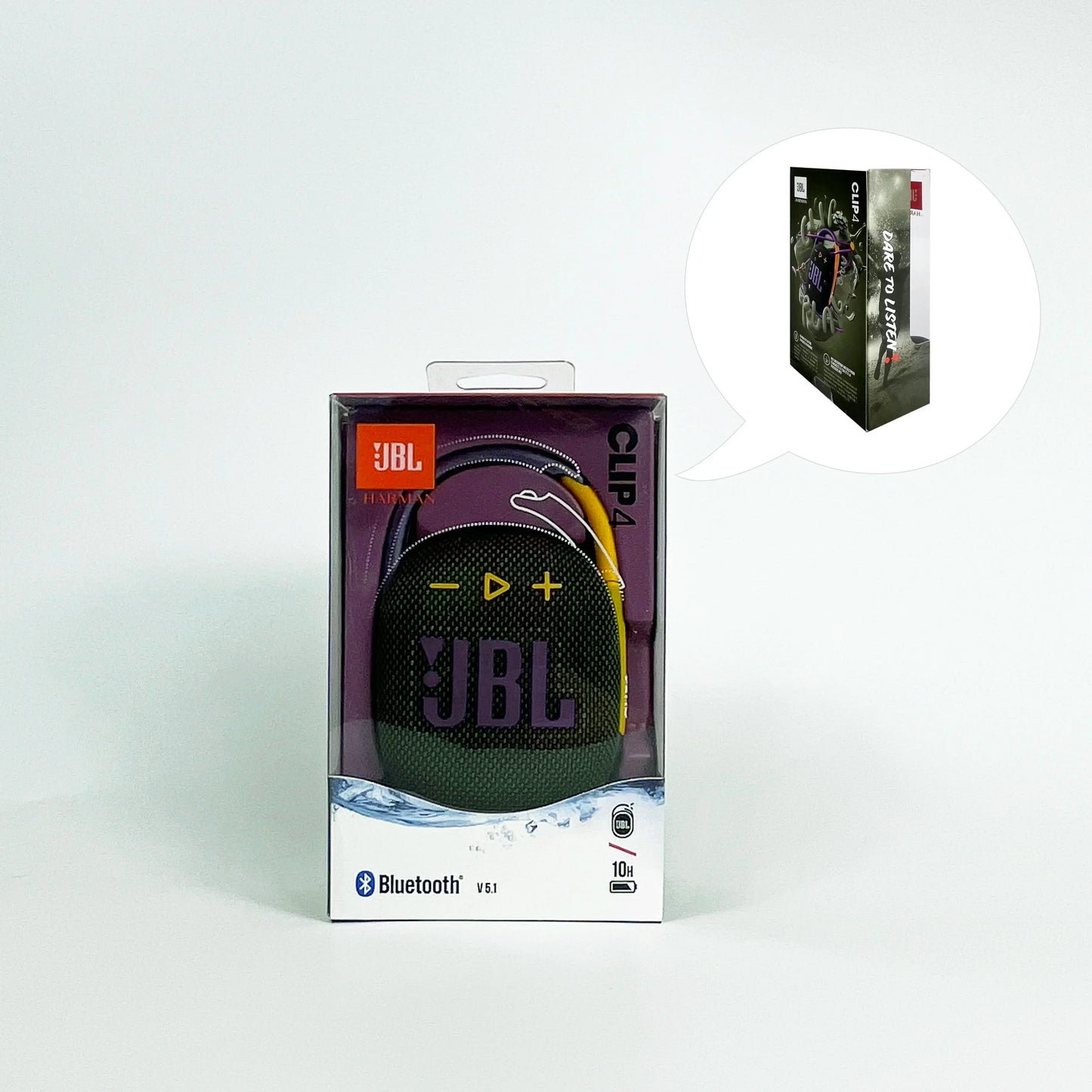 Enceinte Bluetooth JBL Clip 4 verte dans son emballage avec logo JBL et icônes de contrôle
