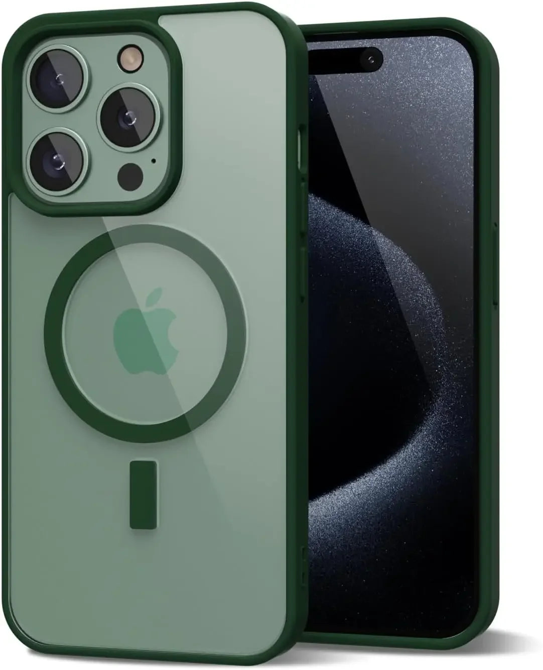 Coque iPhone verte avec anneau MagSafe et triple caméra pour protection smartphone