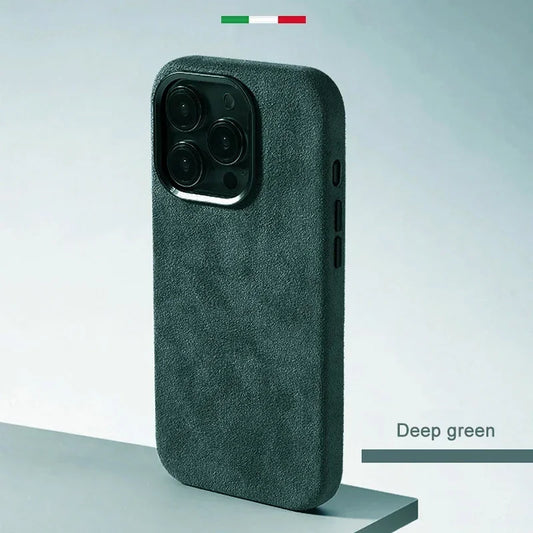 Coque smartphone vert foncé en tissu doux avec triple caméra, élégante et protectrice