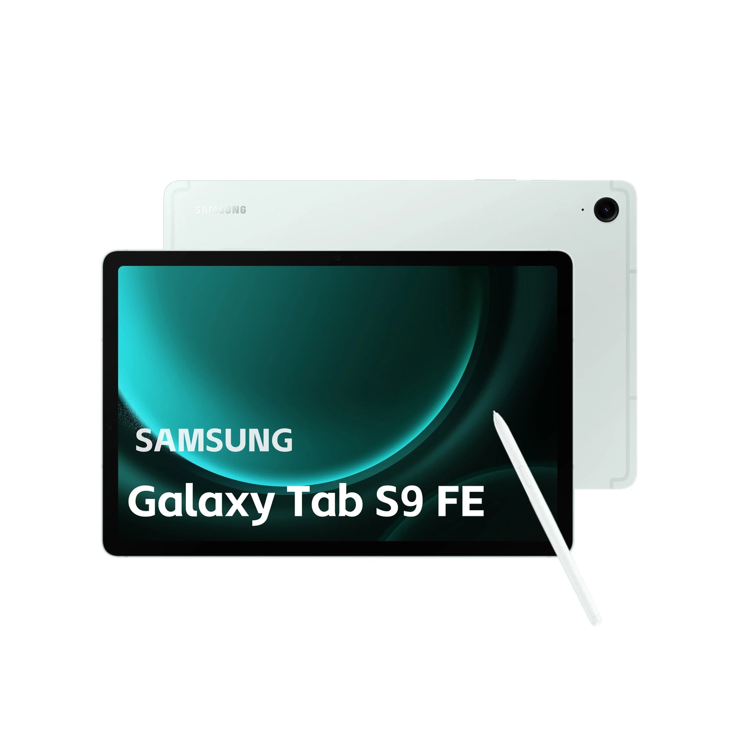 Tablette Samsung Galaxy Tab S9 FE blanche avec stylet, écran allumé, fond bleu