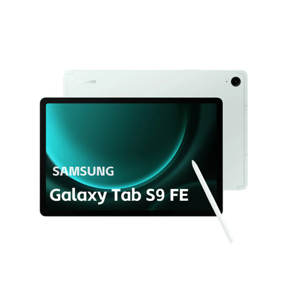 Tablette Samsung Galaxy Tab S9 FE blanche avec stylet, écran allumé, fond bleu