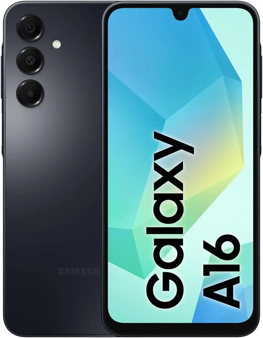 Smartphone Samsung Galaxy A16 noir avec triple caméra arrière et écran affichant le logo Galaxy A16