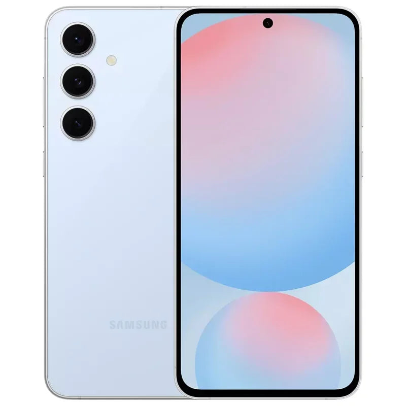 Smartphone Samsung bleu clair avec triple caméra arrière et écran bord à bord rond