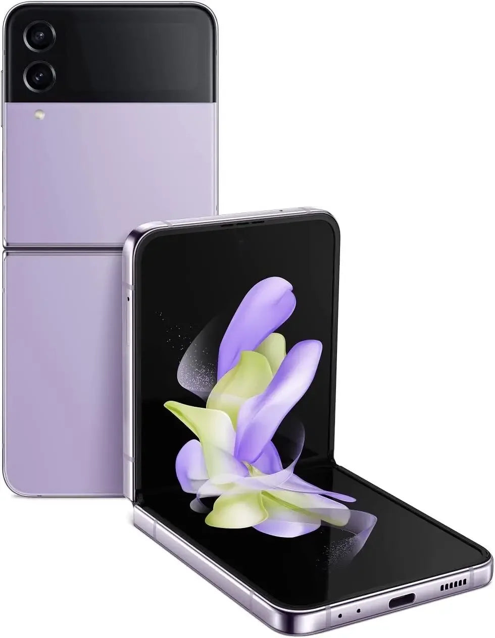 Samsung Galaxy Z Flip 4 pliable violet avec écran interne affichant une fleur abstraite