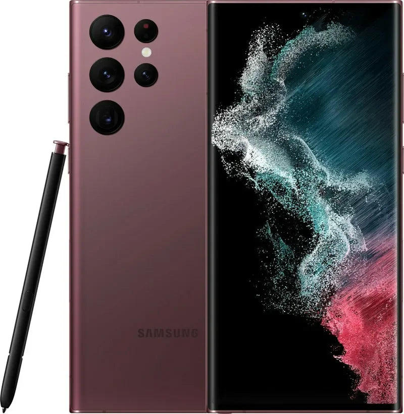 Smartphone Samsung Galaxy couleur bordeaux avec stylet S Pen, écran incurvé affichant des éclaboussures de couleurs