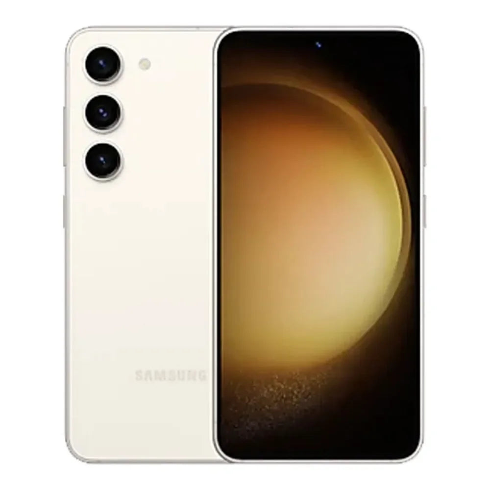 Smartphone Samsung crème avec triple caméra arrière et écran affichant un cercle lumineux