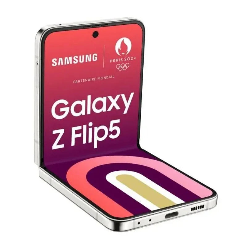Smartphone pliable Samsung Galaxy Z Flip5 avec écran déplié affichant logo Paris 2024 et olympiques