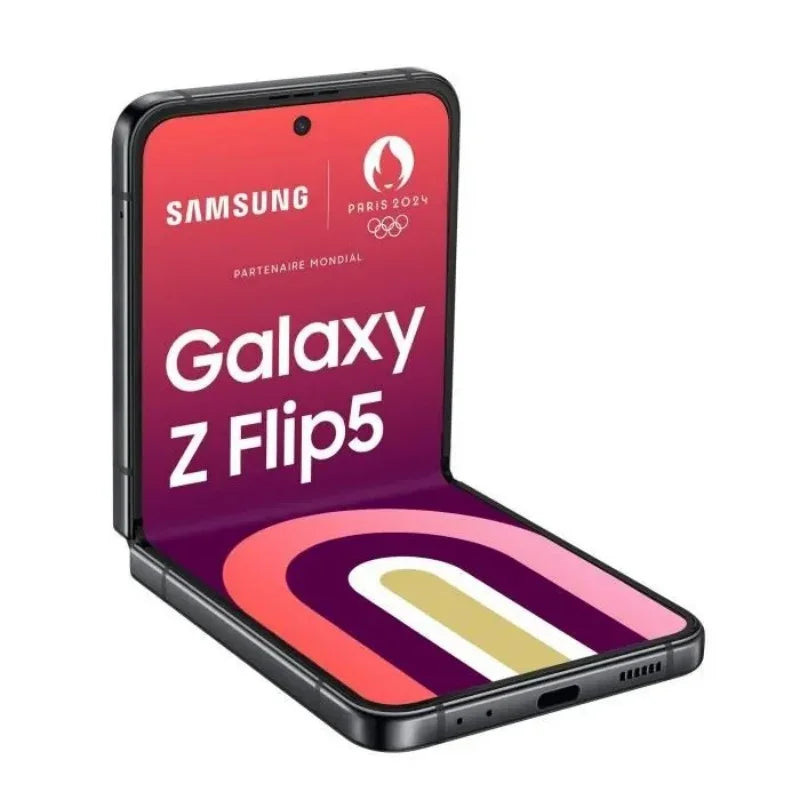 Smartphone Samsung Galaxy Z Flip5 plié à moitié avec écran coloré et logo Paris 2024 Olympiques
