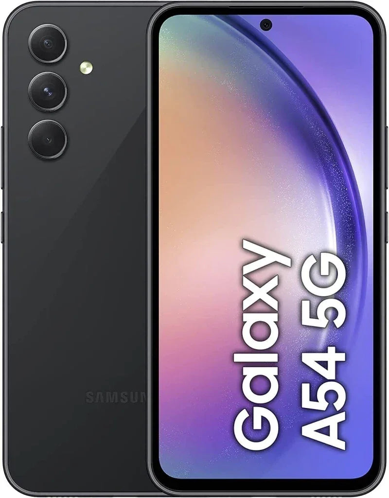 Smartphone Samsung Galaxy A54 5G graphite avec triple caméra arrière et écran incurvé