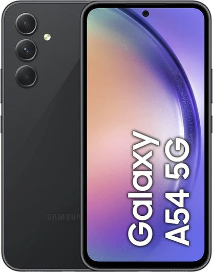 Smartphone Samsung Galaxy A54 5G graphite avec triple caméra arrière et écran incurvé