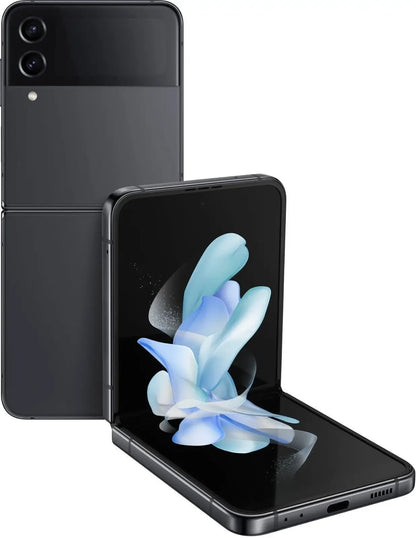 Smartphone pliable noir moderne avec double caméra arrière et écran interne flexible affichant une fleur bleue