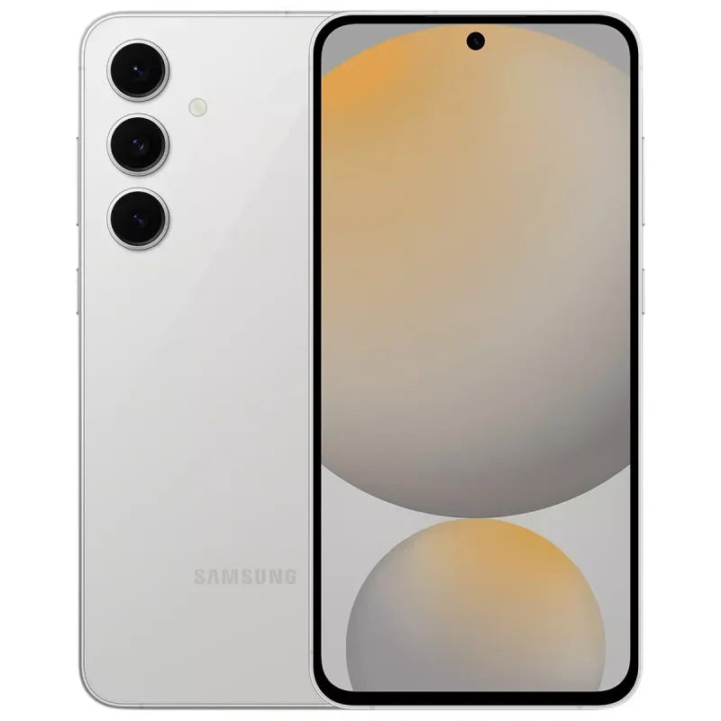 Smartphone Samsung blanc avec triple caméra arrière et écran bord à bord affichant des cercles flous orange et gris