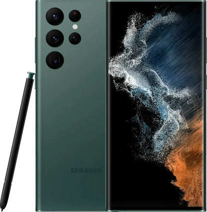 Smartphone Samsung Galaxy vert avec stylet et écran affichant motif abstrait en bleu et orange