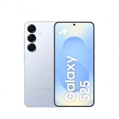 Samsung Galaxy S25 smartphone bleu Ice Blue avec triple caméra arrière et écran large