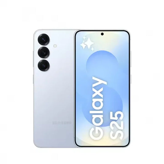 Samsung Galaxy S25 smartphone bleu Ice Blue avec triple caméra arrière et écran large