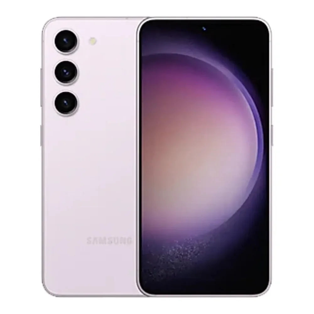 Smartphone Samsung violet lavande avec triple caméra arrière et écran allumé