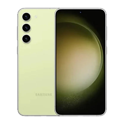 Smartphone Samsung couleur vert lime avec triple caméra arrière et écran allumé fond sphère