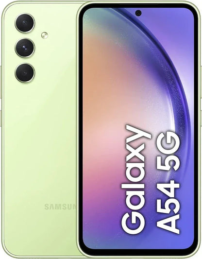 Smartphone Samsung Galaxy A54 5G vert lime avec triple caméra arrière et écran couleur éclatant