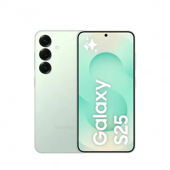 Smartphone Samsung Galaxy S25 vert menthe avec triple caméra arrière et écran bord à bord