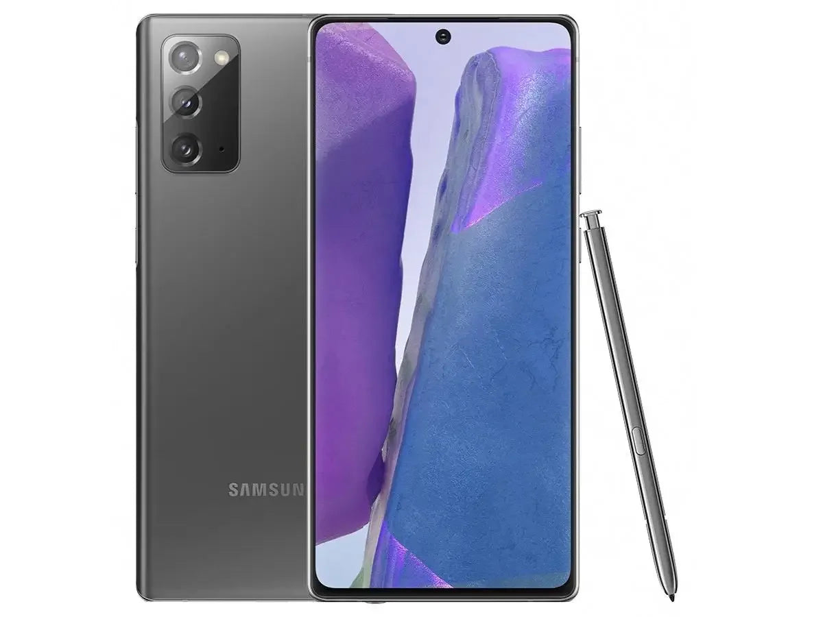 Smartphone Samsung gris avec écran bord à bord et stylet métallique sur fond blanc