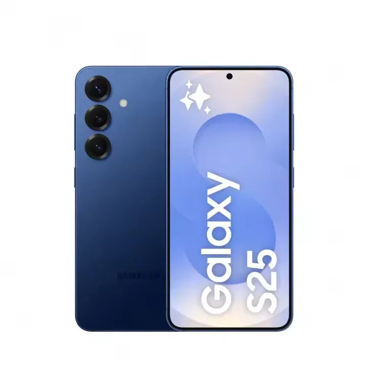 Smartphone Samsung Galaxy S25 bleu avec triple caméra arrière et écran frontal sans bord