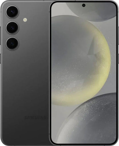 Smartphone Samsung noir avec triple caméra arrière et écran affichant bulles grises et jaunes abstraites