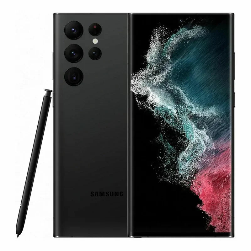 Smartphone Samsung noir avec stylet S Pen, écran incurvé affichant des couleurs vives abstraites