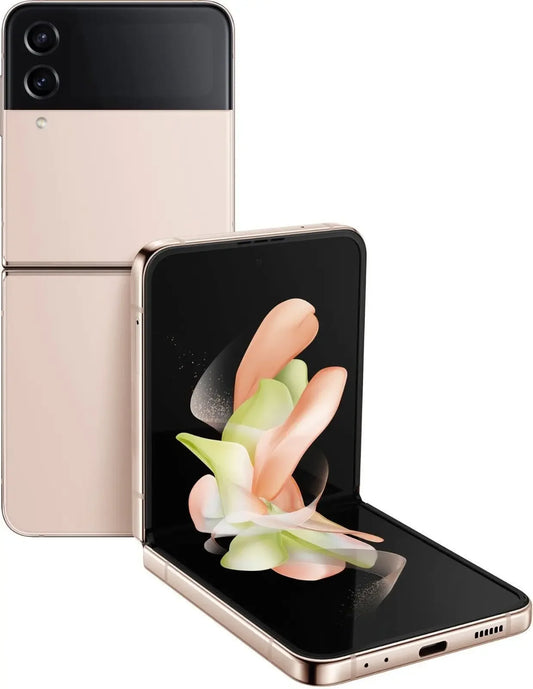 Smartphone pliable couleur or rose affichant un écran flexible avec design floral abstrait