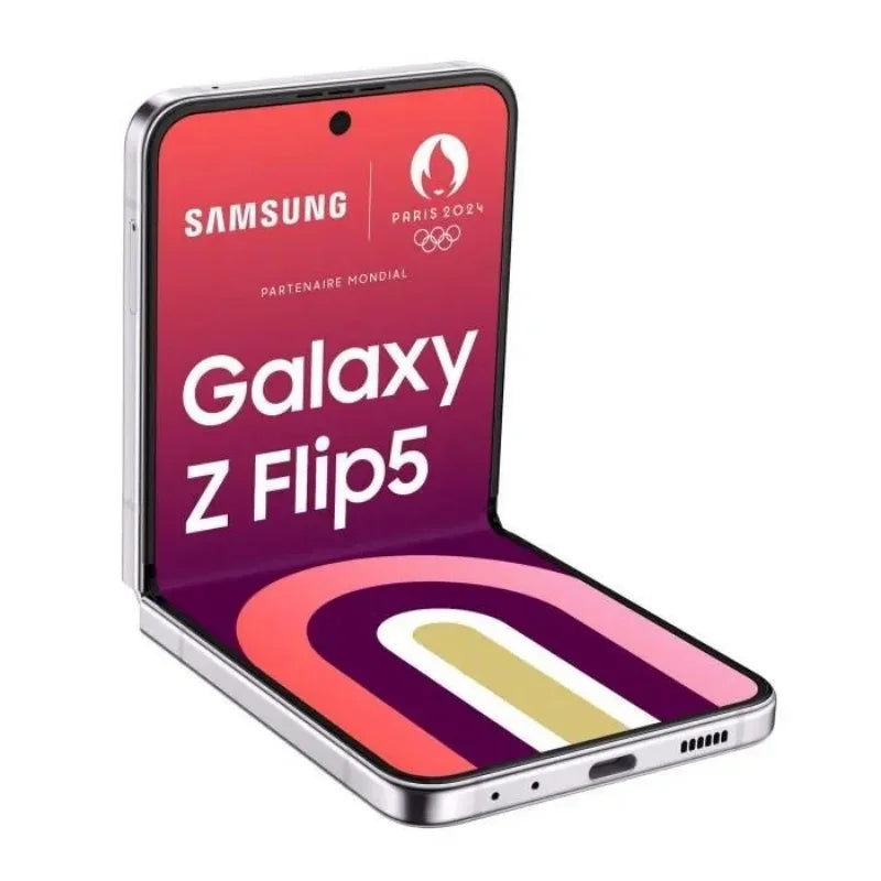 Smartphone Samsung Galaxy Z Flip5 pliable avec écran ouvert et logo Paris 2024, design moderne