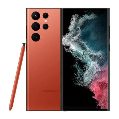 Smartphone Samsung Galaxy couleur rouge avec stylet S Pen, écran dynamique et multiples caméras arrière