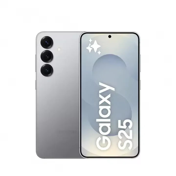 Smartphone Samsung Galaxy S25 argent avec triple caméra arrière et écran bord à bord