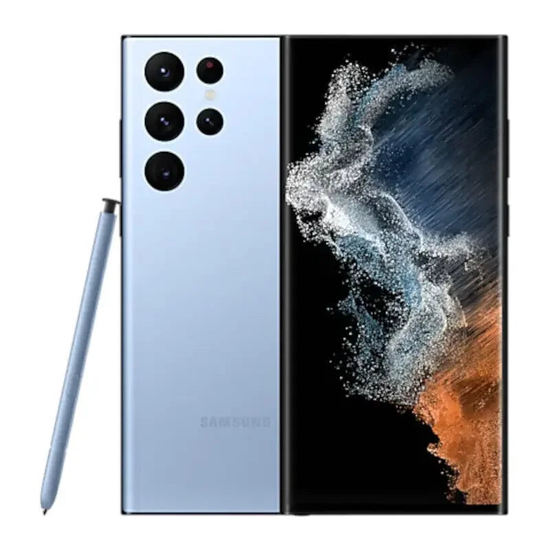 Smartphone Samsung Galaxy en bleu ciel avec stylet et écran affichant des motifs abstraits