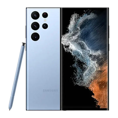 Smartphone Samsung Galaxy en bleu ciel avec stylet et écran affichant des motifs abstraits