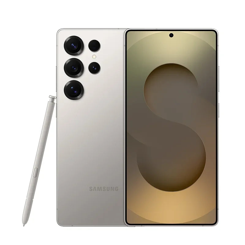 Smartphone Samsung Galaxy gris titane avec stylet S Pen et écran affichant un S stylisé