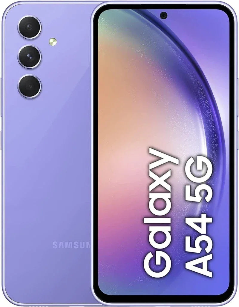 Smartphone Samsung Galaxy A54 5G violet, écran frontal et triple caméra arrière