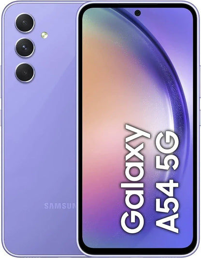 Smartphone Samsung Galaxy A54 5G violet, écran frontal et triple caméra arrière