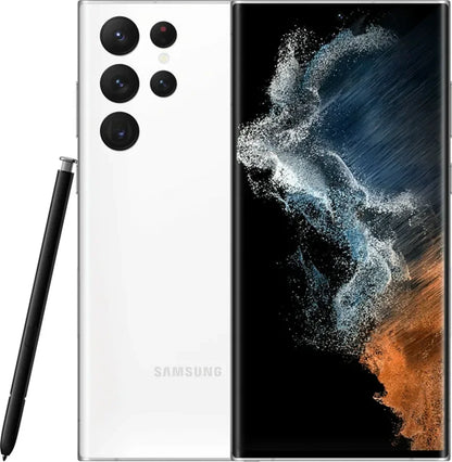 Smartphone Samsung blanc avec quatre caméras arrière et stylet noir, écran affichant fond abstrait