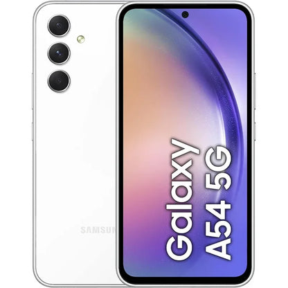 Smartphone Samsung Galaxy A54 5G blanc avec écran bord à bord et triple caméra arrière