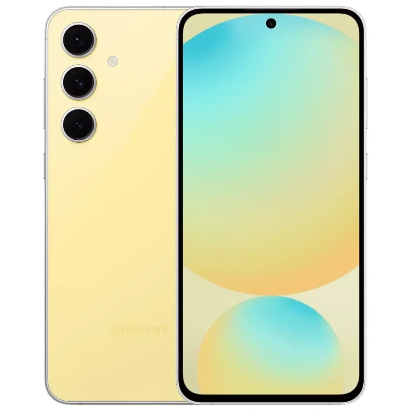 Smartphone Samsung jaune avec triple caméra arrière et écran bord à bord avec trou pour caméra frontale