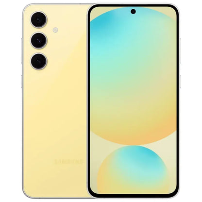 Smartphone Samsung jaune avec triple caméra arrière et écran bord à bord avec trou pour caméra frontale